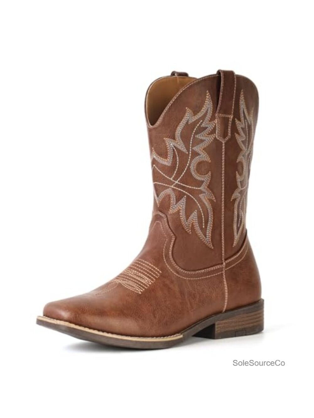 Men's Western Cowboy Boots Square Toe Faux Leather Slip On Embroidered